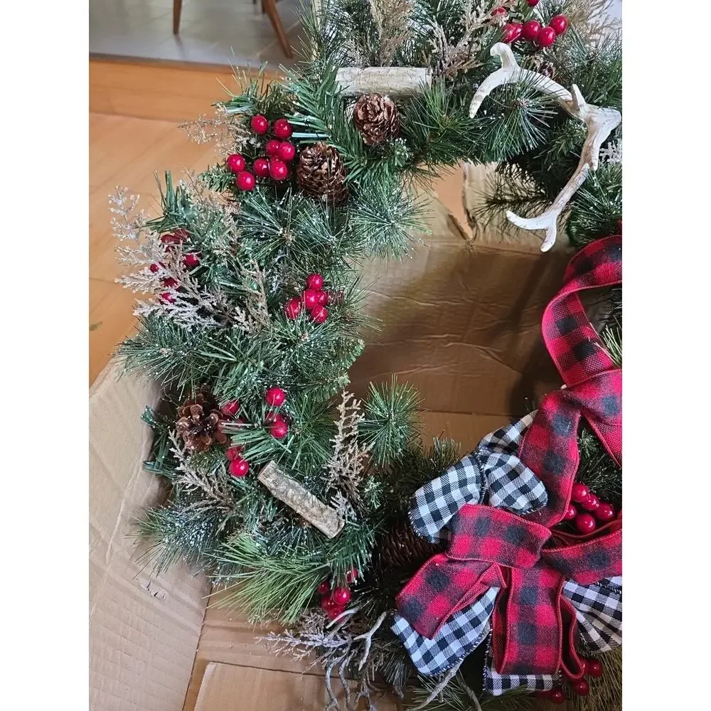 Handmade Buffalo Plaid Antler Branches Berries Branches Christmas Wreath 24